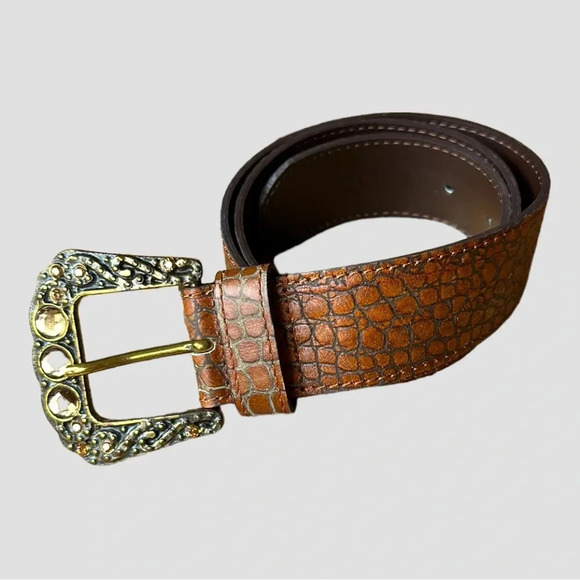 BERGE Croc Embossed Belt Leather Brown Embellished Buckle, Size Small - Picture 2 of 15